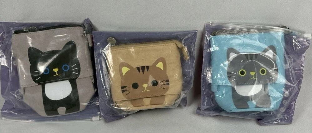 Expandable Cute Cat Zip Pencil Case Canvas lot of 3